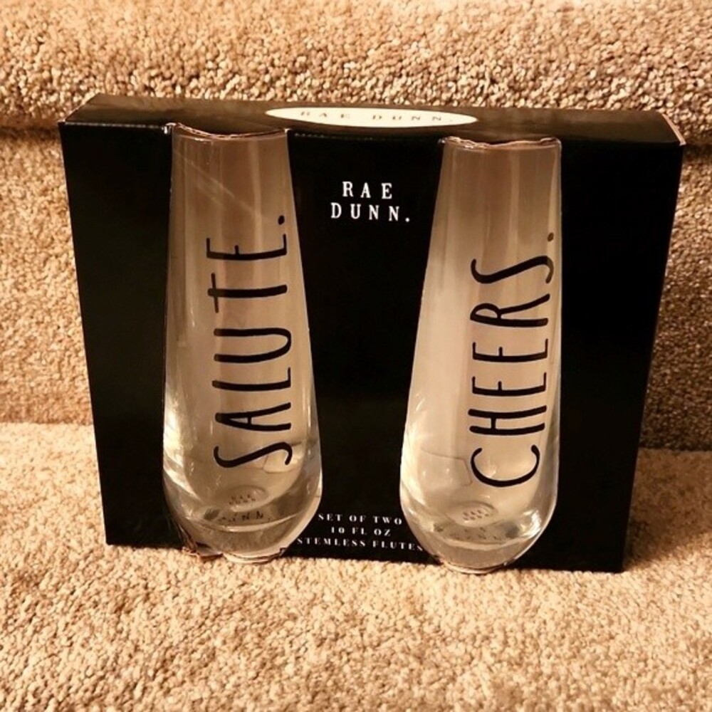 Rae Dunn Set of 2 Stemless Flutes Glasses "Salute" & "Cheers" NWT